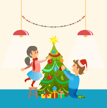 Children are decorating xmas tree  Illustration