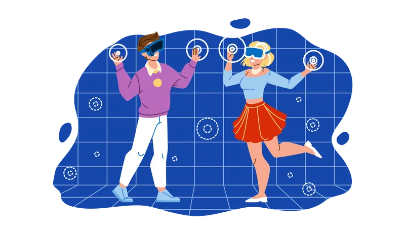 Metaverse Vr Glasses Using Boy And Girl Vector Metaverse Virtual Reality Device Use Young Man And Woman For Playing Video Games And Watching Video Characters Flat Cartoon Illustration Illustration