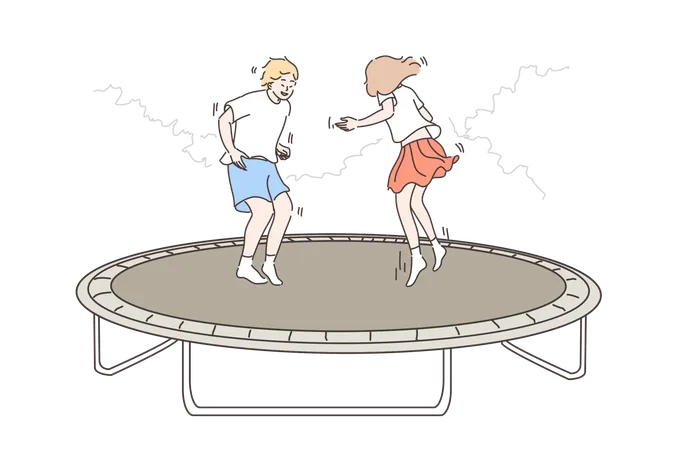 Recreation Jumping Children Concept Cartoon Characters Young Happy Boy Girl Brother Sister Kids Friends Bouncing On Trampoline Summer Leisure Time Activity And Having Fun At Weekend Or Holiday イラスト