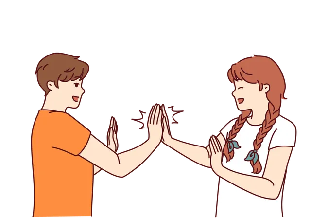 Children Play Hand Clapping Laughing And Enjoying Teenage Friendship And Happy Childhood Boy And Girl Play Hand Clapping After School For Concept Of Children Socialization Through Active Games Illustration