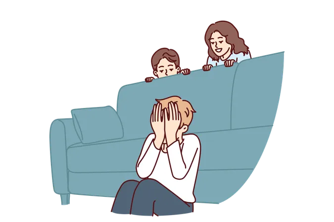 Boy Plays Hide And Seek With Friends Sitting Near Sofa And Waiting For Other Children To Hide Three Cheerful Children Spend Time Together And Enjoy Weekend Or Summer School Holidays Illustration