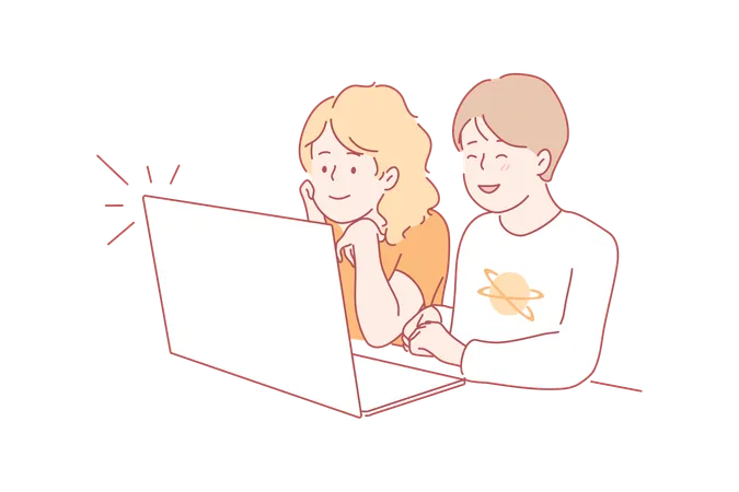 Children Watching Videos Concept Young Happy Captivated Boy Girl Brother Sister Cartoon Character Sitting Together And Looking Kids Shows At Laptop Childish Leisure Time And Lifestyle Illustration Illustration