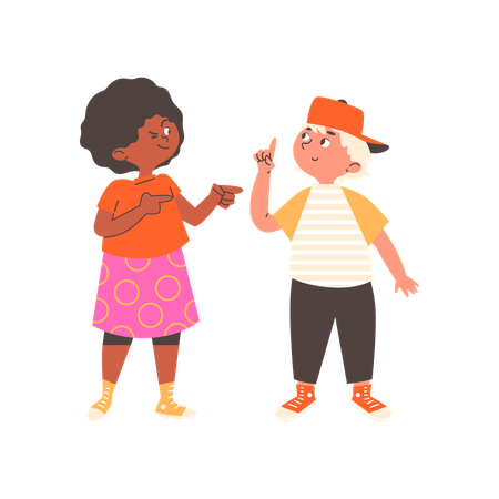 男の子と女の子がそれぞれ違う方向に指を向けている  イラスト