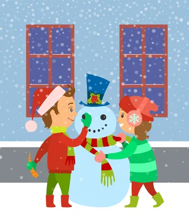 Children Building Snowman Kids Having Fun Outdoors Winter Holidays Vector Kids Wearing Warm Clothes Seasonal Vacations And Holidays Child Snowfall Illustration