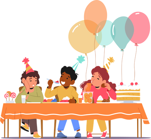 Children Celebrate Birthday with Cake and Balloons Illustration