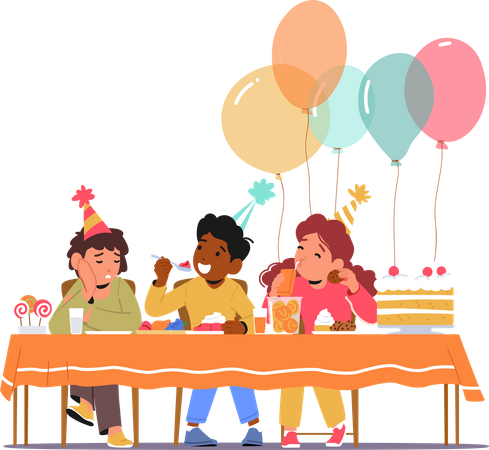 Children Celebrate Birthday with Cake and Balloons  Illustration