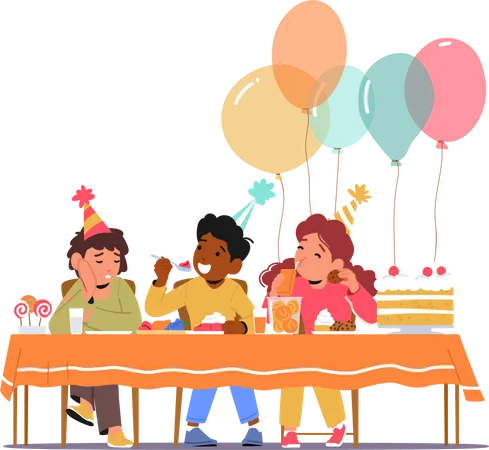 Children Celebrate Birthday with Cake and Balloons  Illustration