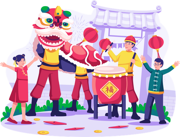 Children celebrate the Chinese Lunar new year with Lion dance  Illustration