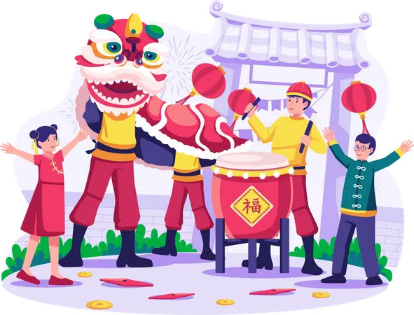 Children celebrate the Chinese Lunar new year with Lion dance  Illustration