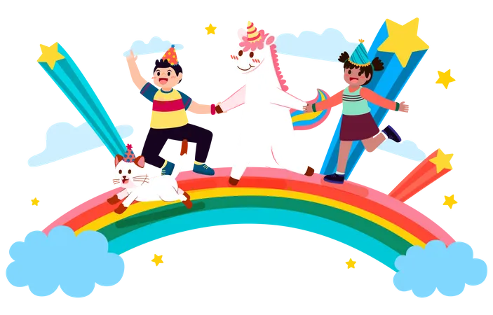The Children Happy In Party With Lovely Element Present Box Rainbow Balloon In Cartoon Character Vector Illustration Illustration