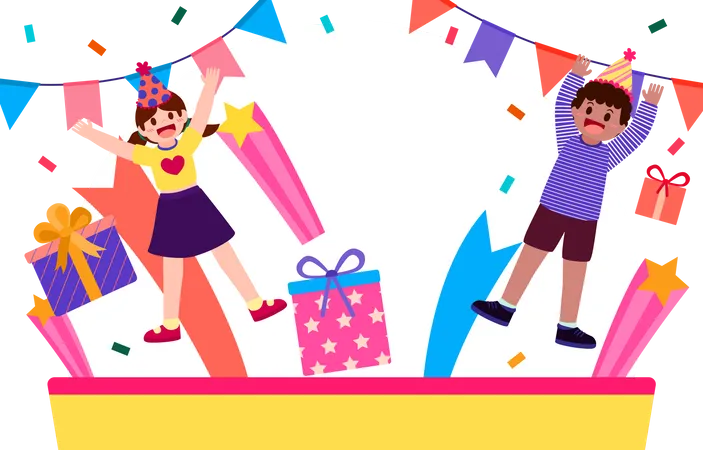 The Children Happy In Party With Lovely Element Present Box Glister Flag In Cartoon Character Vector Illustration Illustration