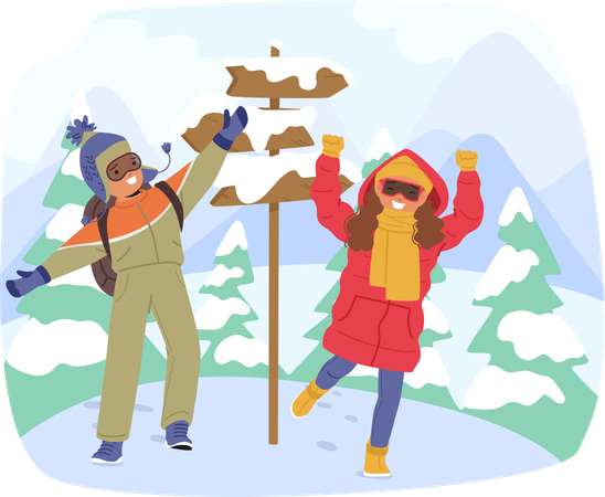 Children Characters Bundled In Warm Clothes Explore A Snowy Forest  Illustration