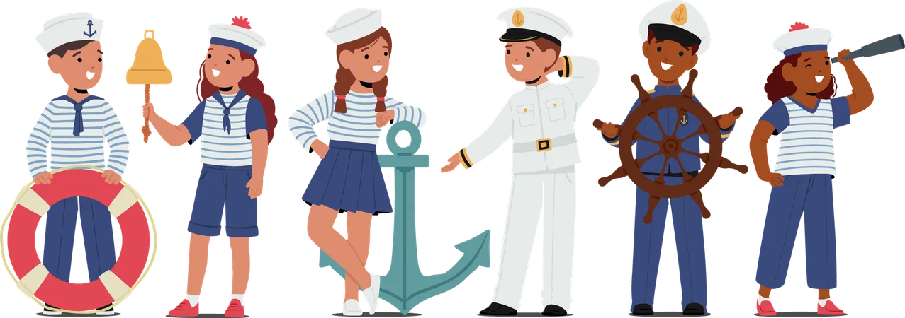 Children Characters In Sailor Costumes Adorned With Striped Shirts  Illustration