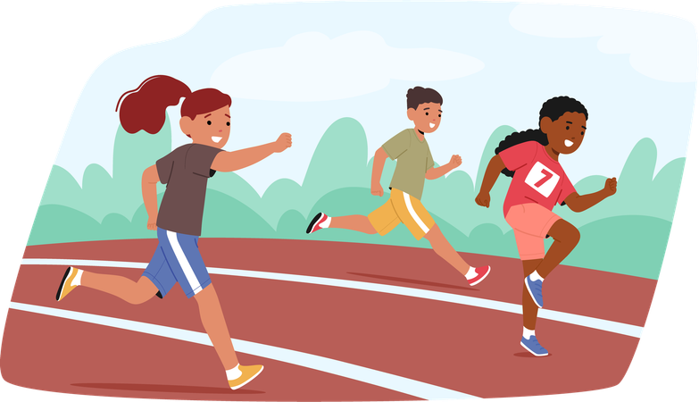 Children Characters Race Joyfully On Stadium Track  Illustration