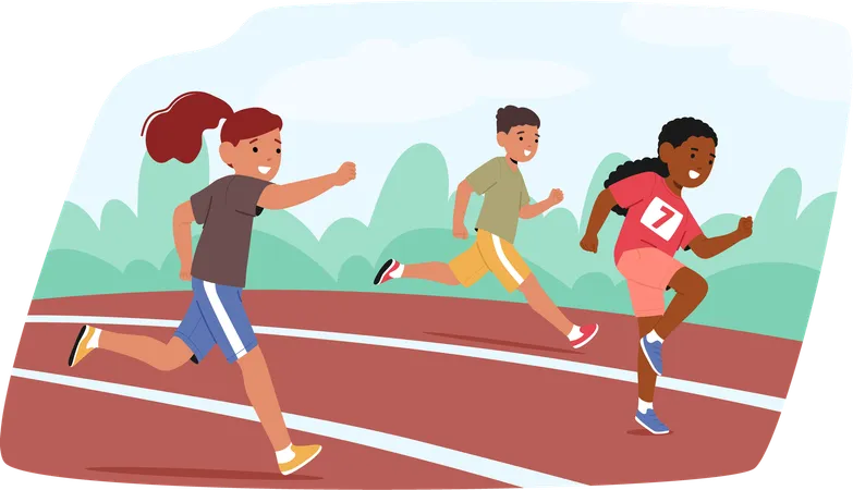 Children Characters Race Joyfully On Stadium Track  Illustration