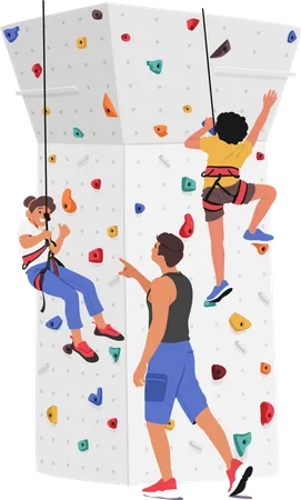 Children climbing wall with guidance of trainer Illustration