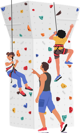 Children climbing wall with guidance of trainer  Illustration