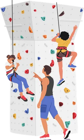 Children climbing wall with guidance of trainer  Illustration