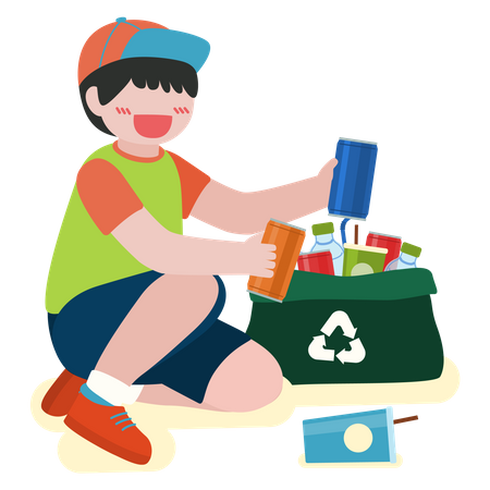 Children collect plastic bottles in recycling bag Illustration