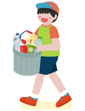 Children collect plastic bottles in recycling bins  Illustration