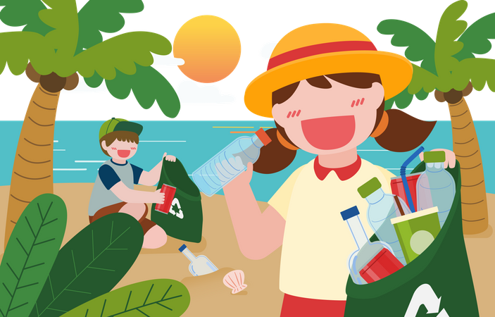 Children collecting waste from beach Illustration
