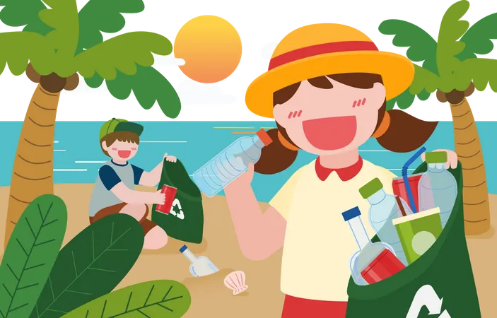 Children collecting waste from beach Illustration