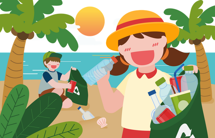 Children collecting waste from beach  Illustration