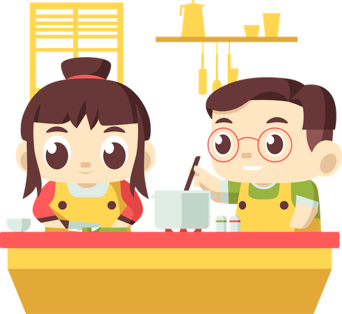 Children cooking food in kitchen Illustration