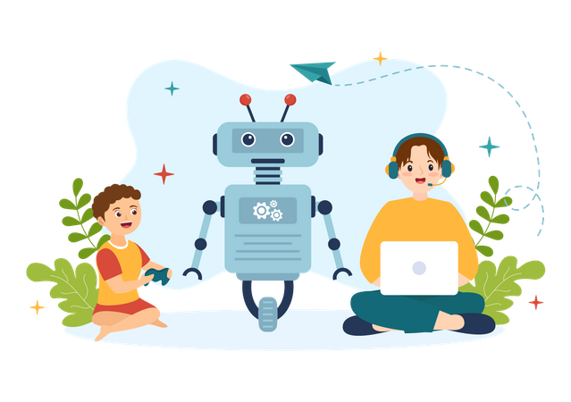 Children Creating Ai Cyborg Using Different Tools  Illustration