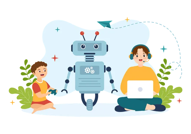 Children Creating Ai Cyborg Using Different Tools  Illustration