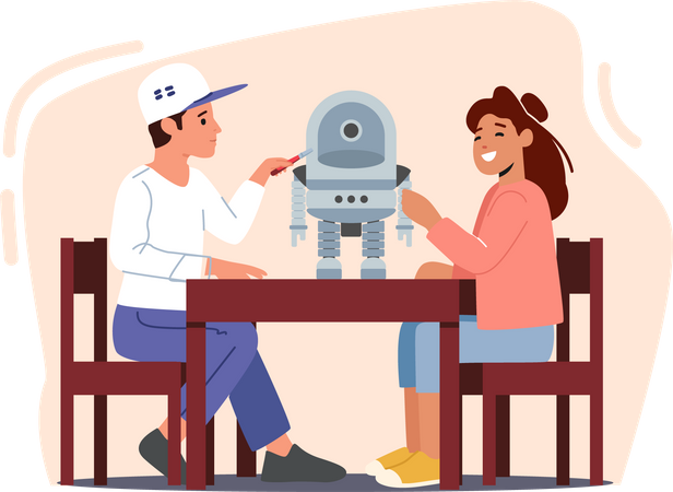 Children Creating Ai Cyborg Using Different Tools Illustration