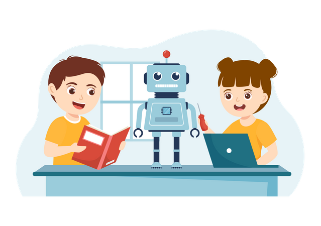 Children Creating Ai Cyborg Using Different Tools  Illustration