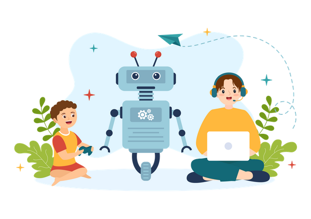 Children Creating Ai Cyborg Using Different Tools  Illustration