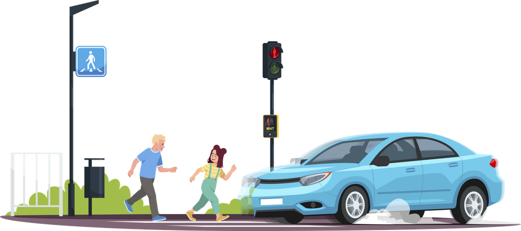 Children crossing at red light  Illustration