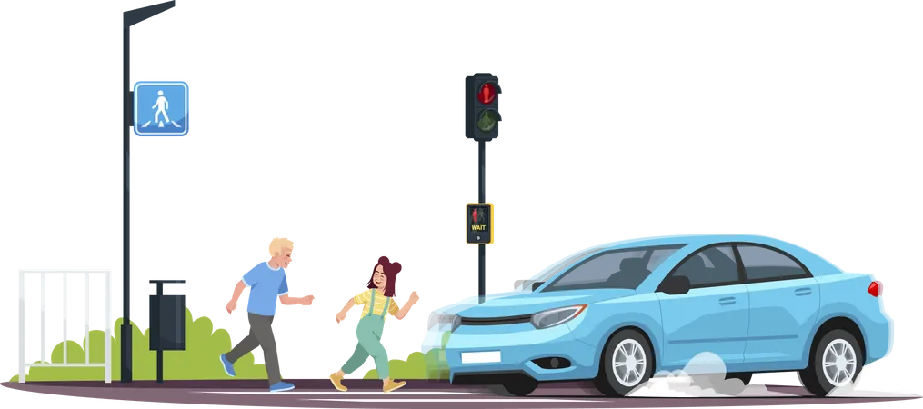 Children crossing at red light  Illustration