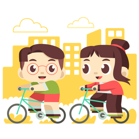 Children cycling together Illustration