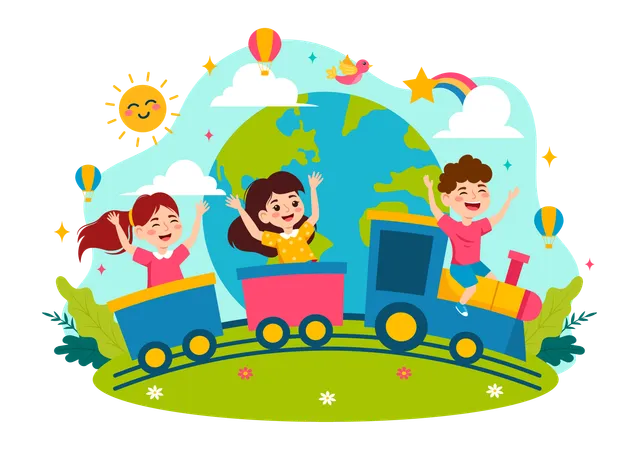 Happy Childrens Day Vector Illustration With Kids Togetherness In Children Celebration Cartoon Bright Sky Blue Background And Green Field Design Illustration