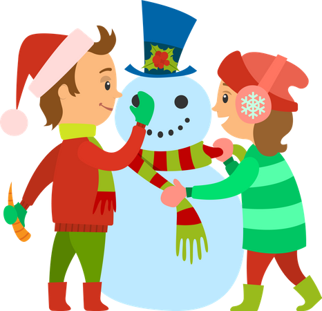 Children decorating snowman  Illustration