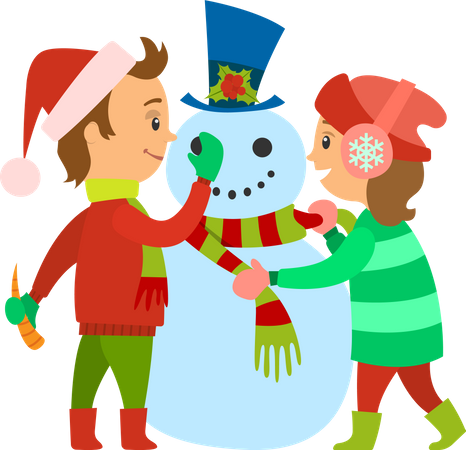 Children decorating snowman  Illustration