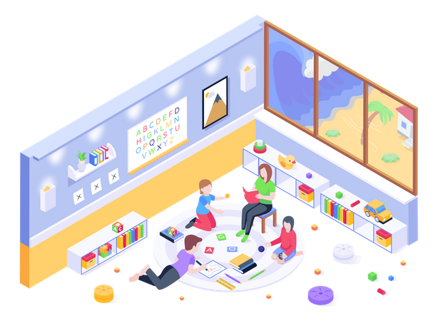 Children Doing Activities At Kindergarten  Illustration