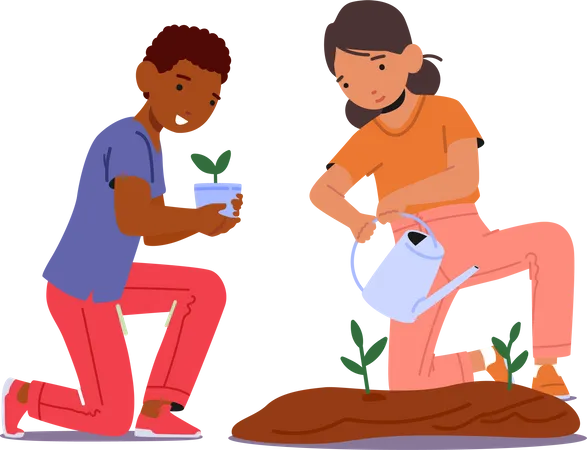Children Doing Gardening Works At House Yard Preschool Or Kindergarten Happy Kids Characters Little Boy And Girl Planting And Caring Of Plants At Flowerbed Cartoon People Vector Illustration Illustration