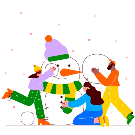 Children doing snow fight with each other and making snowman  Illustration