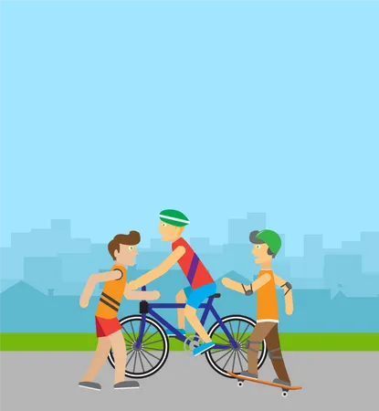 Summer Sport Children Going In For Sport Web Banner Teenagers On Playground Of Urban City Skyscrapers Silhouettes On The Background Boy Skateboarding Guy On Bike And Runner Active Way Of Life Concept Vector Illustration