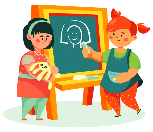 Children Drawing Colorful Flat Design Style Illustration With Cartoon Characters Entertainment Hobby And Education Arts Lesson For Kids Happy Girl Painting A Portrait Of Her Friend With A Chalk Illustration