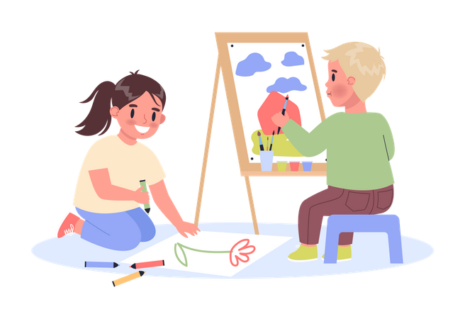 Children drawing with paint  Illustration