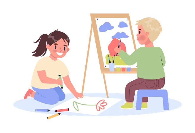 Children drawing with paint  Illustration