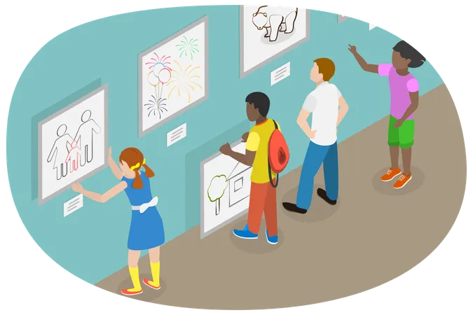 3 D Isometric Flat Vector Conceptual Illustration Of Children Drawings Exhibition Art Projects For Kids Illustration