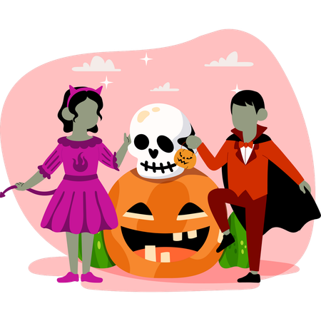 Children dressed for Halloween holding a skull and a pumpkin surrounded by festive decorations  Illustration