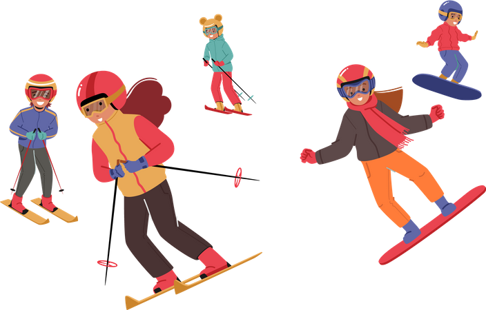 Children Dressed In Winter Clothing Snowboarding And Skiing at Mountain  Illustration