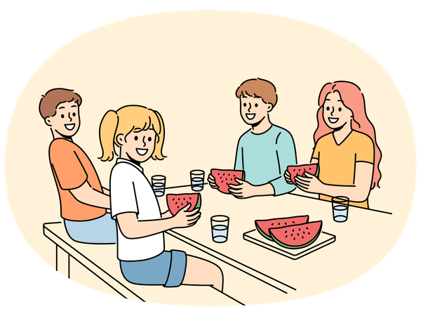 Children eat watermelon sitting at table and enjoying sweet refreshing dessert on summer day  Illustration
